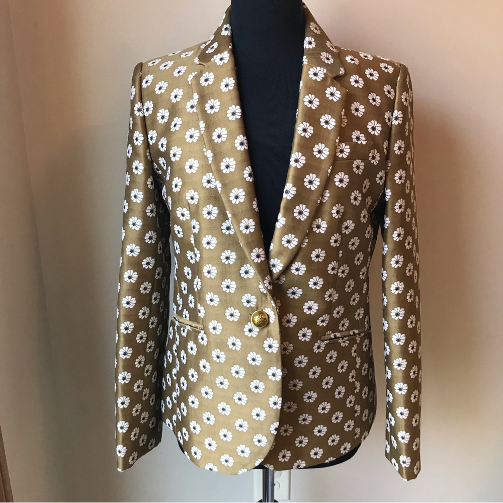 J CREW Floral Blazer Jacket Gold Structured Satin Daisy Career Polished